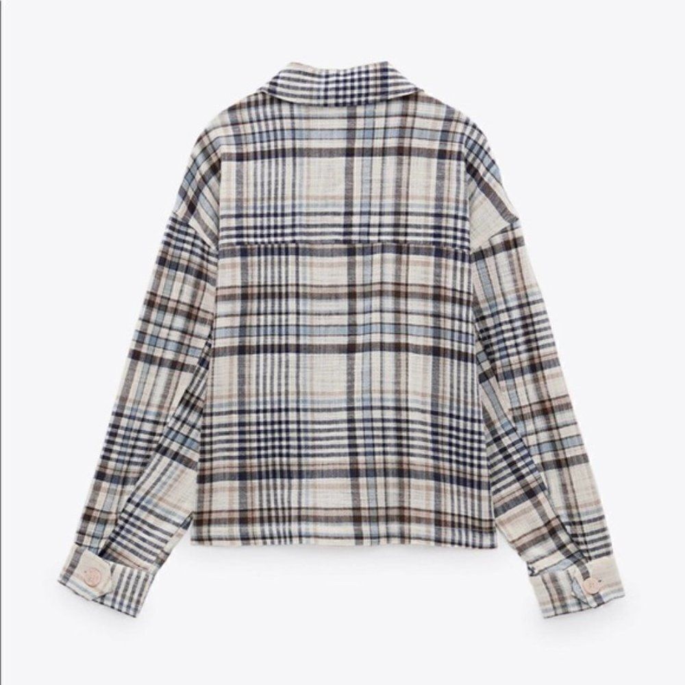 ZARA Plaid Overshirt White Turquoise Unlined - Picture 2 of 7